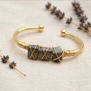 Raw Pyrite Wire Wrap Cuff w/ 14Kt Gold Over Copper – Handmade & Adjustable